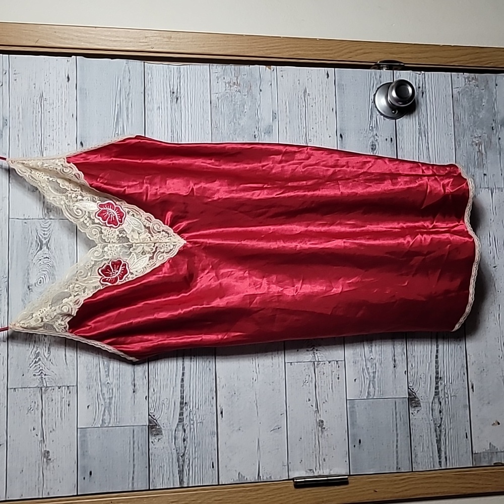 Red Cream Lace Lingerie Slip Dress Vintage!